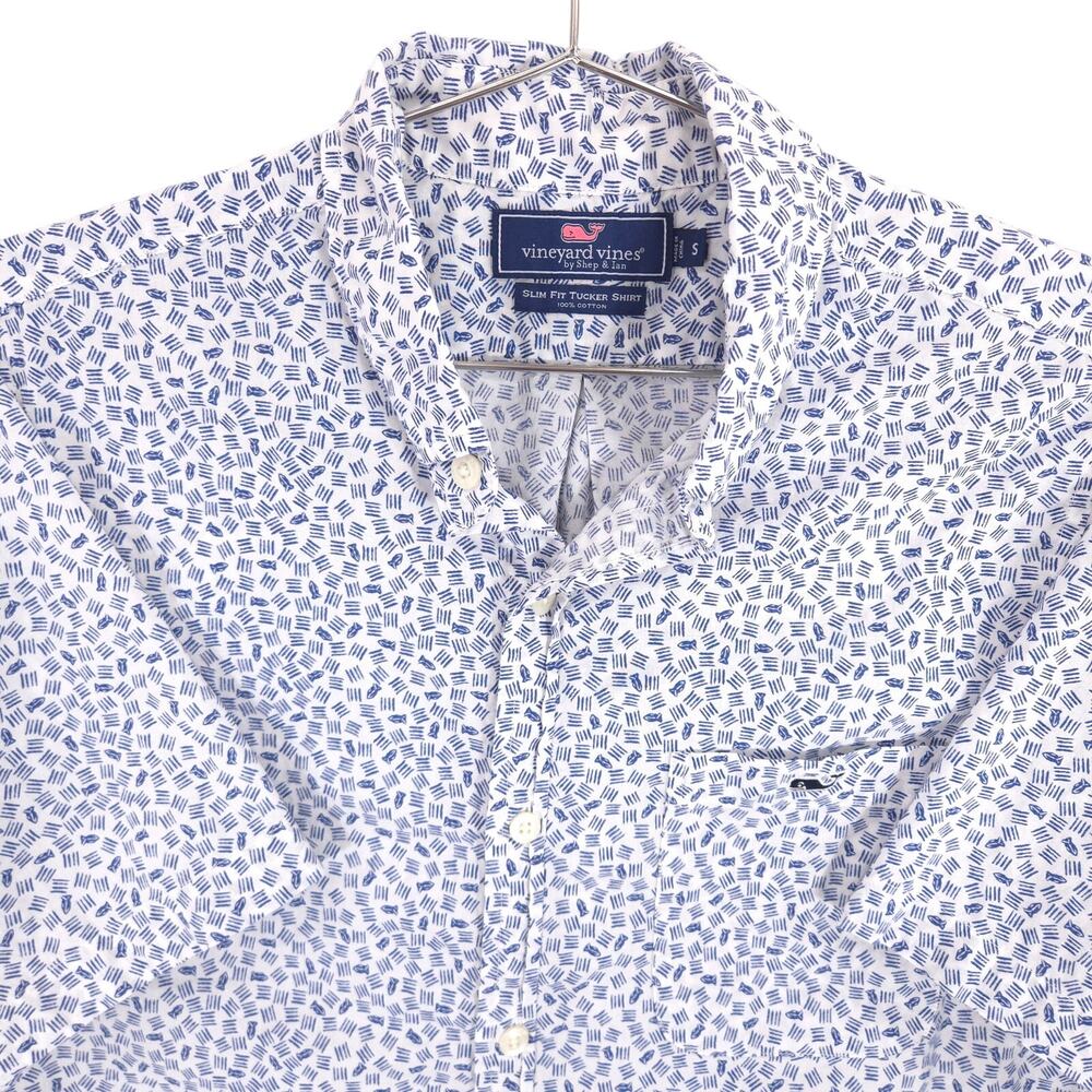 Vineyard Vines Shirt Mens Small Navy Geometric Fish Print Slim Fit Short Sleeve